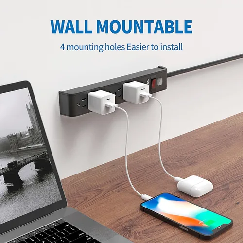 Vista 5 de Protector contra sobretensiones, cable de extensión de 4 pies, protección contra sobretensiones de 600 julios, protección múltiple de 6 tomas