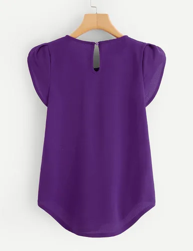 Vista 2 de Milumia Blusa de cuello redondo plisado para mujer, estilo casual y básico, con manga casquillo y abertura de cerradura en la espalda