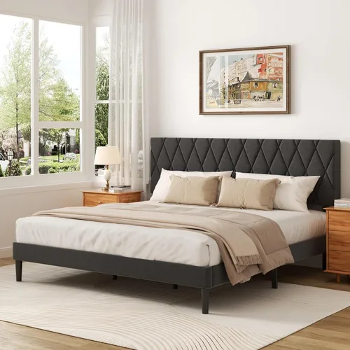 Vista 12 de CXVX Marco de cama tamaño completo con cabecera capitonada de diamante, cama plataforma tapizada en terciopelo y soporte de listones de madera, sin