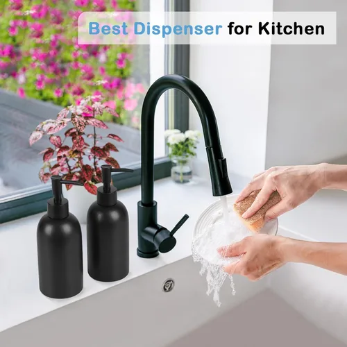 Vista 4 de Natheeph Dispensador de jabón de cerámica de 14 onzas, dispensador de jabón de cerámica, puede llenar líquido para baño/cocina (2 unidades, negro)
