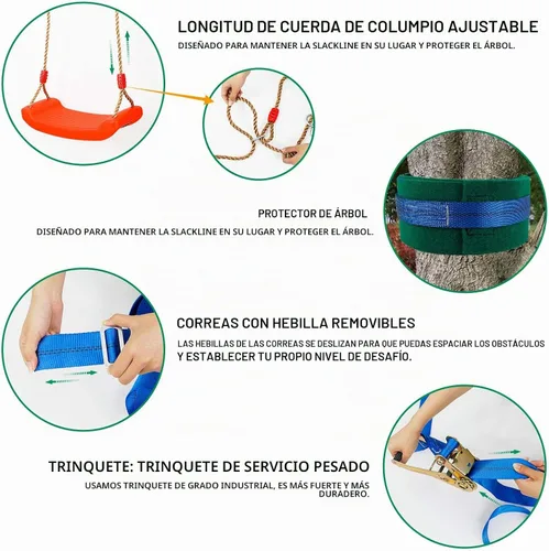 Vista 4 de Ninja Warrior Kit de carrera de obstáculos para niños Ninja Slackline con 10 accesorios, barras de mono, escalera, cuerda de escalada, anillos