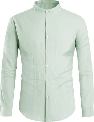 Vista 2 de Camisas de lino para hombre de manga larga estilo casual con botones de algodón ligeras para playa verano