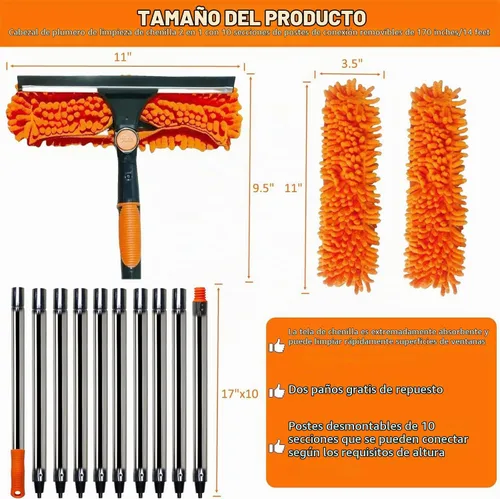 Vista 2 de Tonmp - Escobilla de lavado de ventanas 2 en 1 de alcance de más de 20 pies con barra de extensión empalmable de 3 a 14 pies, herramienta