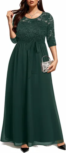 Vista 4 de Vestido formal largo de encaje de manga 34 con espalda en V para mujer