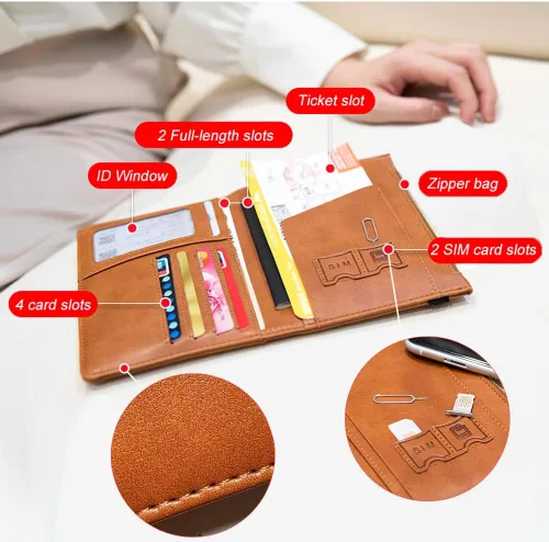 Vista 4 de Assport - Cartera para pasaporte, funda para pasaporte, cartera de viaje de cuero impermeable con bloqueo RFID con correa elástica y ranura