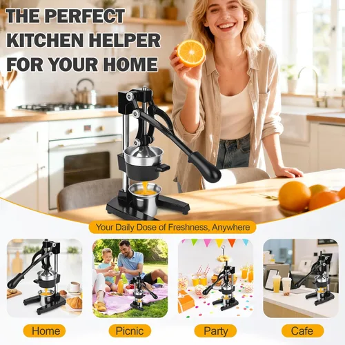 Vista 7 de Exprimidor manual de hierro fundido con cono de acero inoxidable, exprimidor de limón resistente para un máximo rendimiento de jugo y limpieza sin