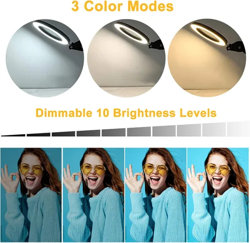 Vista 4 de Lámpara de aumento con abrazadera, 8 lámparas de lupa, 3 colores y 10 brillantes, lámpara LED de lupa ajustable de 19 pulgadas, lámpara de brazo
