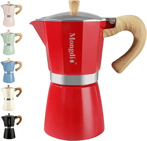 Vista 8 de Mongdio Cafetera de café expreso Moka Pot, cafetera cubana, cafetera de estufa Moka Italian Espresso Greca, cafetera percoladora, 3 tazas de Negro