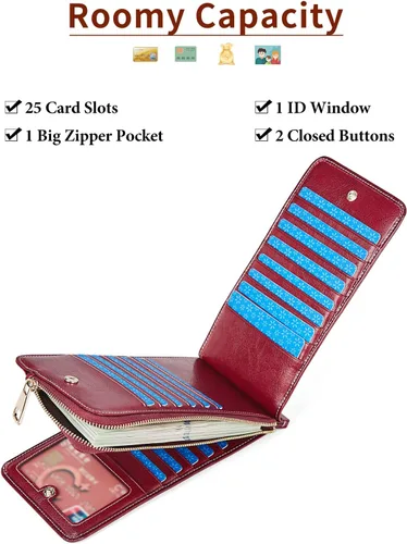 Vista 3 de FOXLOVER Portatarjetas de crédito múltiples para mujer, con bloqueo RFID, cartera de cuero para mujer con bolsillo con cremallera, rojo vino