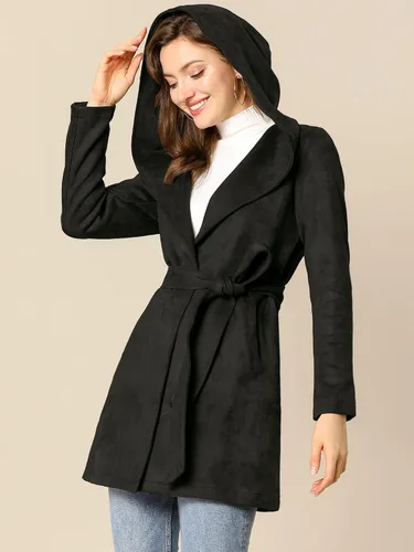 Vista 2 de Allegra K Abrigo cruzado de invierno de manga larga con capucha de gamuza sintética para mujer, Coffee, M