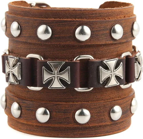 Vista 10 de STWTR Pulsera de cuero para hombre estilo punk rock, brazalete ancho tipo cinturón de motocicleta