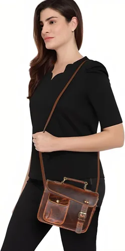 Vista 8 de jaald Bolso de mensajero de cuero pequeño bolso de hombro bolso de mensajero vintage para mujeres y hombres bolso (7 x 9)