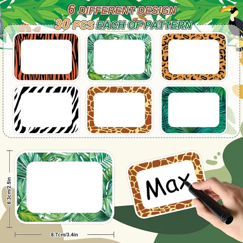 Vista 2 de JarThenaAMCS 180 etiquetas autoadhesivas con estampado de animales, placas de identificación de hojas tropicales de safari africano, calcomanías