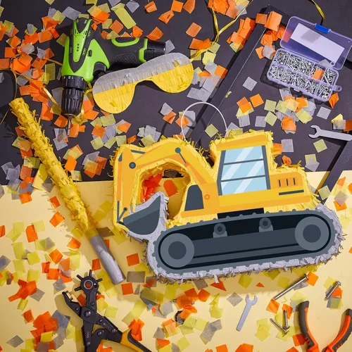 Vista 2 de Lewtemi Piñatas de excavadora para fiesta de cumpleaños con palo, venda para los ojos y confeti, suministros para fiesta de cumpleaños para adultos