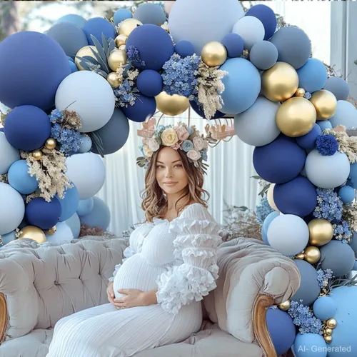 Vista 5 de Kit de Arco de Globos Azul Polvoriento Dorado, Kit de Arco de Globos Pastel de Doble Relleno Azul Claro Azul Oscuro Mezclilla Azul Pálido con Globos