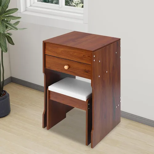 Vista 5 de Escritorio de tocador 3 en 1 con espejo, tocador compacto de 15.8 pulgadas con tapa abatible, mesa de maquillaje de nogal negro con taburete
