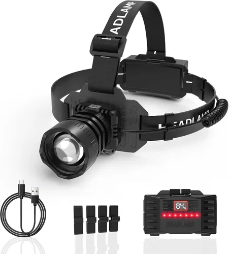 Vista 9 de Linterna frontal recargable con zoom y luz lateral roja, 4000LM con sensor de movimiento, luces de 3 colores, IP65, impermeable, 90°, ajustable