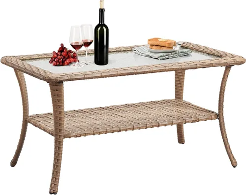 Vista 60 de Belord Mesa auxiliar pequeña para exteriores, mesa de mimbre de vidrio templado, mesa de centro impermeable para patio, mesa auxiliar de ratán