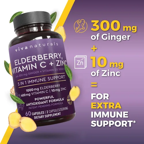 Vista 6 de Viva Naturals Baya de saúco negro de 1000 mg con vitamina C, D3 5000 UI y zinc, suplemento de apoyo inmunológico 5 en 1 para adultos, cápsulas