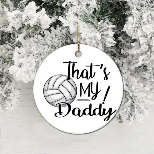 Vista 4 de Bola temática de rugby voleibol miembro de la familia That's My Daddy - Adorno de cerámica de Navidad de 3 pulgadas, recuerdo redondo de porcelana