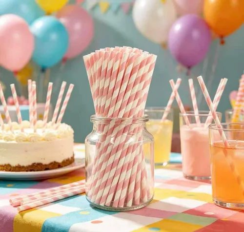 Vista 6 de Light Pink and White Striped Paper Straws, 100 Pack Disposable Biodegradable Drinking Straws, Food Grade Eco-Friendly Striped Paper Straws for