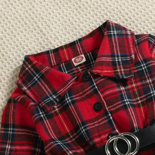 Vista 2 de Conjunto de cinturón de vestir de manga larga con volantes y estampado a cuadros para niñas pequeñas rojo 4-5 años