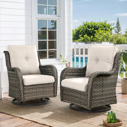Vista 47 de HUMMUH Juego de 2 Sillas Giratorias Mecedoras de Mimbre para Patio Exterior, Juego de Muebles de Sillas Mecedoras de Ratán (Marrón, Azul) 50,000