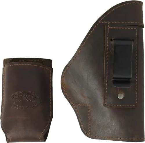 Vista 6 de Barsony Funda IWB de cuero marrón + funda para cargador compacta, subcompacta de 0.354 in, 40 y 45