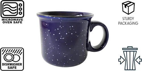 Vista 5 de Taza de café de cerámica de 14 onzas (juego de 4), color azul con acabado moteado, taza duradera de pared gruesa estilo campamento para exteriores