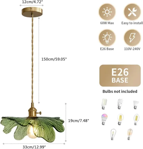 Vista 6 de Lámpara colgante colgante de 1 luz, lámparas colgantes de latón dorado, pantalla de vidrio de flores verdes, iluminación colgante moderna