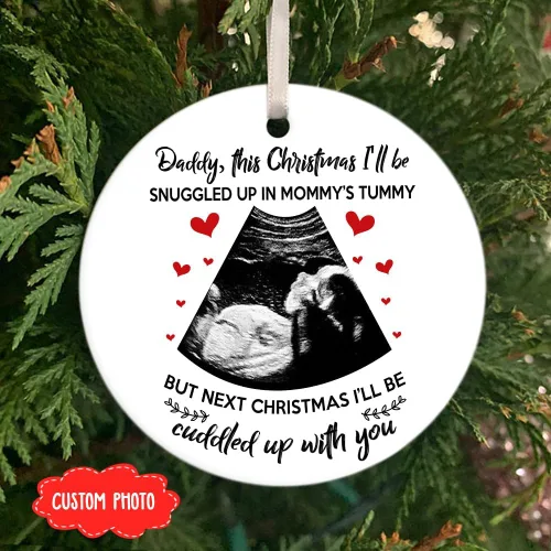 Vista 2 de Adorno de Navidad personalizado para papá esperado 2023 – Adorno de Navidad con ultrasonido de protuberancia – Adorno con texto en inglés «I'll Be