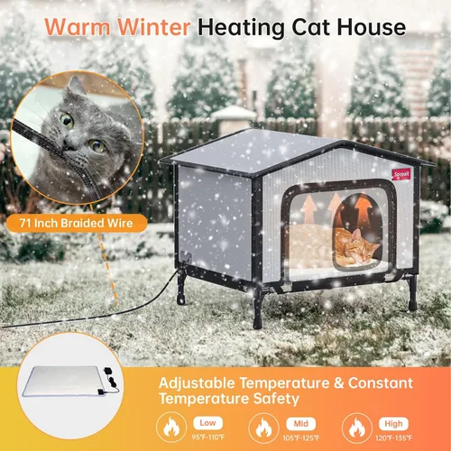 Vista 2 de Casa para gatos climatizada al aire libre con almohadilla térmica y puerta de escape, impermeable y cálida, apta para interiores, exteriores