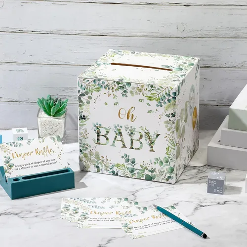 Vista 5 de Gersoniel Juegos de baby shower, caja de rifas de pañales con 50 boletos para rifas de pañales, decoración de fiesta de baby shower, kit de juego