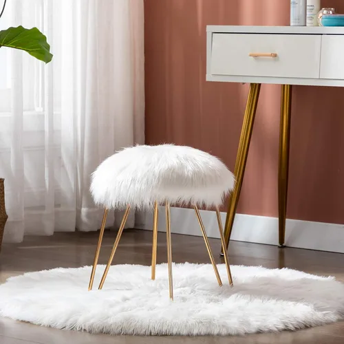 Vista 7 de DUHOME Otomana de piel sintética, taburete de maquillaje redondo con patas de metal dorado para dormitorio, sala de estar, color blanco Soft faux