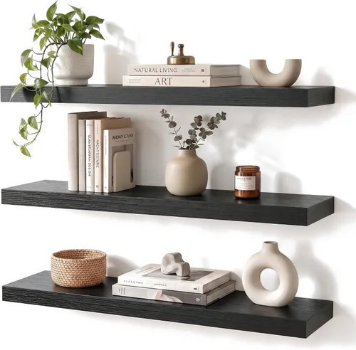 Vista 22 de Estantes flotantes negros pequeños para pared, 12 pulgadas, juego