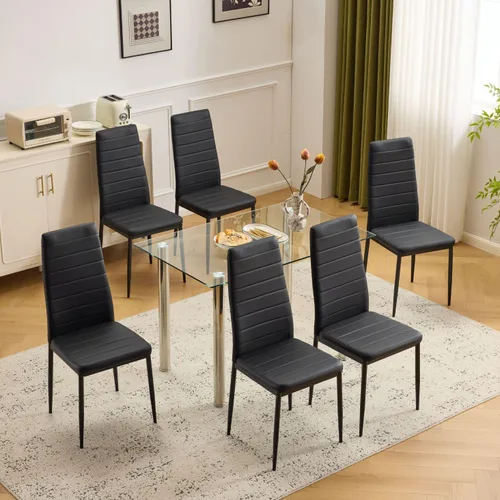 Vista 11 de Karl home Juego de 4 sillas de comedor, sillas de cocina de cuero sintético PU negro con respaldo alto acolchado y protección de tapas para pies