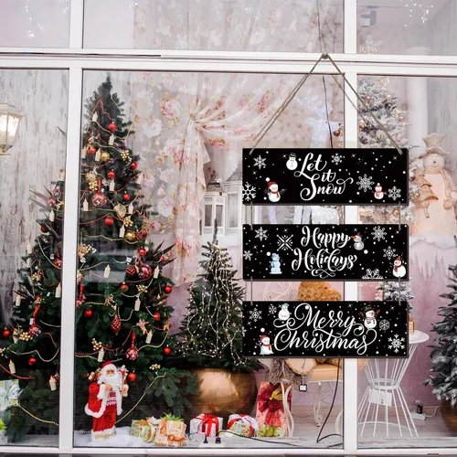 Vista 7 de Gerrii 3 piezas de decoración rústica de madera para colgar en la pared, deja que nieve, decoración de pared de Navidad, adornos de madera, letrero