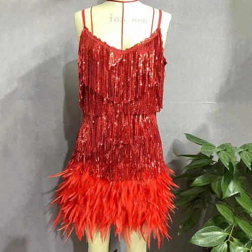 Vista 5 de XUNRYAN Vestidos de graduación de plumas con flecos de lentejuelas de los años 1920 para mujer vestidos formales de cóctel con borlas y vestido