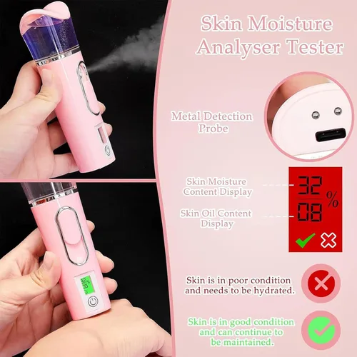 Vista 3 de 2 piezas práctico pulverizador de nano niebla con analizador de piel, probador de humedad, portátil, nano facial, vaporizador facial, atomización