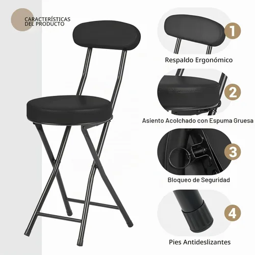 Vista 4 de Taburetes plegables acolchados acolchados, taburete de bar plegable con respaldo, capacidad de 220 libras, silla plegable redonda plegable portátil