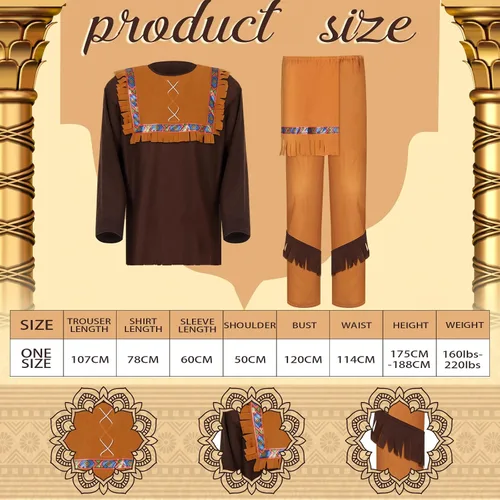 Vista 2 de Retisee Disfraz indio de 4 piezas para hombre, incluye gargantilla, collar, tocado americano, disfraz de guerrero para adultos, para hombre