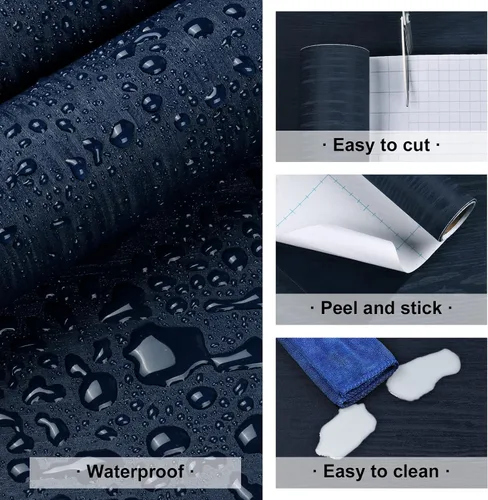 Vista 7 de Papel de contacto de madera azul marino de 24 x 315 pulgadas para armarios de escritorio, papel tapiz autoadhesivo de grano de madera, papel tapiz