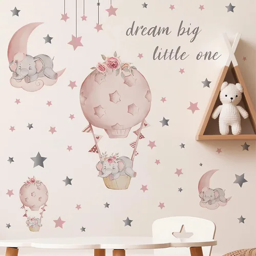 Vista 2 de Adhesivo de pared grande con diseño de elefante y elefante rosa durmiendo, sacinora Moon and Stars, vinilo extraíble para niños, guardería