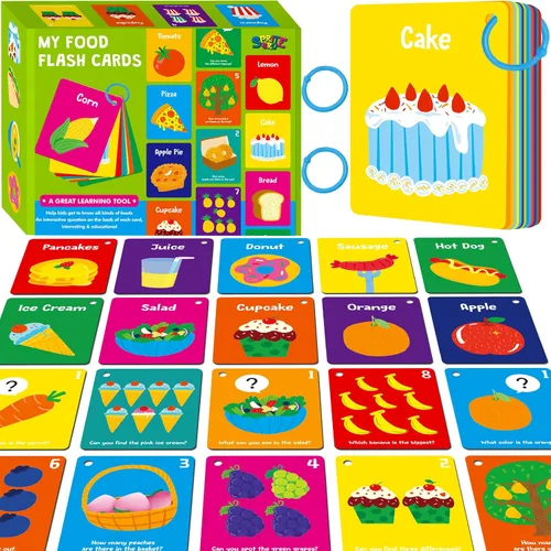 Vista 21 de 110 PCS Tarjetas de Aprendizaje Temprano, Tarjetas de Doble Cara - Alfabeto, Números, Alimentos, Animales, Formas, Colores, Objetos del Hogar con 4