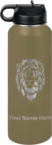 Vista 67 de LaserGram Botella de agua personalizada, cabeza de león, acero inoxidable de doble pared aislada al vacío con popote superior, regalo grabado