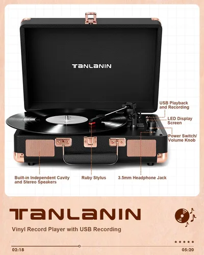Vista 2 de Retro Suitcase - Tocadiscos de vinilo con grabación USB, Bluetooth negro rosa dorado