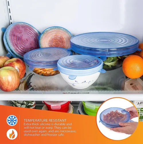 Vista 6 de Tapas elásticas de silicona – 12 tapas de silicona para almacenamiento de alimentos – Cubiertas redondas flexibles de silicona – Cubierta