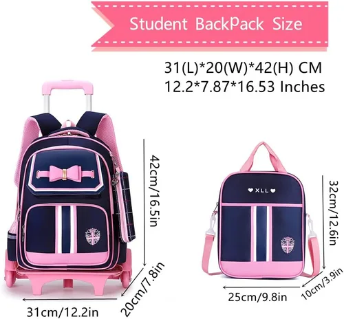 Vista 2 de Mochila de princesa rodante con lazo mochila de escuela primaria para niñas mochila con ruedas con bolso Girl Dark Blue 6 Wheels 6 wheels