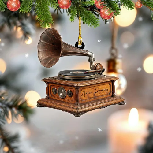 Vista 11 de Adorno de Navidad personalizado, máquina de discos de vinilo, adorno plano 2D, adorno para tocadiscos, instrumento musical, decoración de árbol