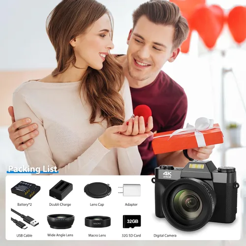 Vista 5 de Cámara digital 4K para vlogging de YouTube, zoom manual de 56 MP 16X, cámara compacta de fotografía con gran angular de 2.047 in y lente macro